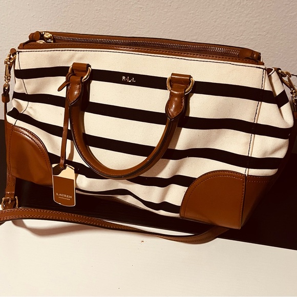 Lauren Ralph Lauren Striped Canvas Leather Trim Satchel - Picture 4 of 9